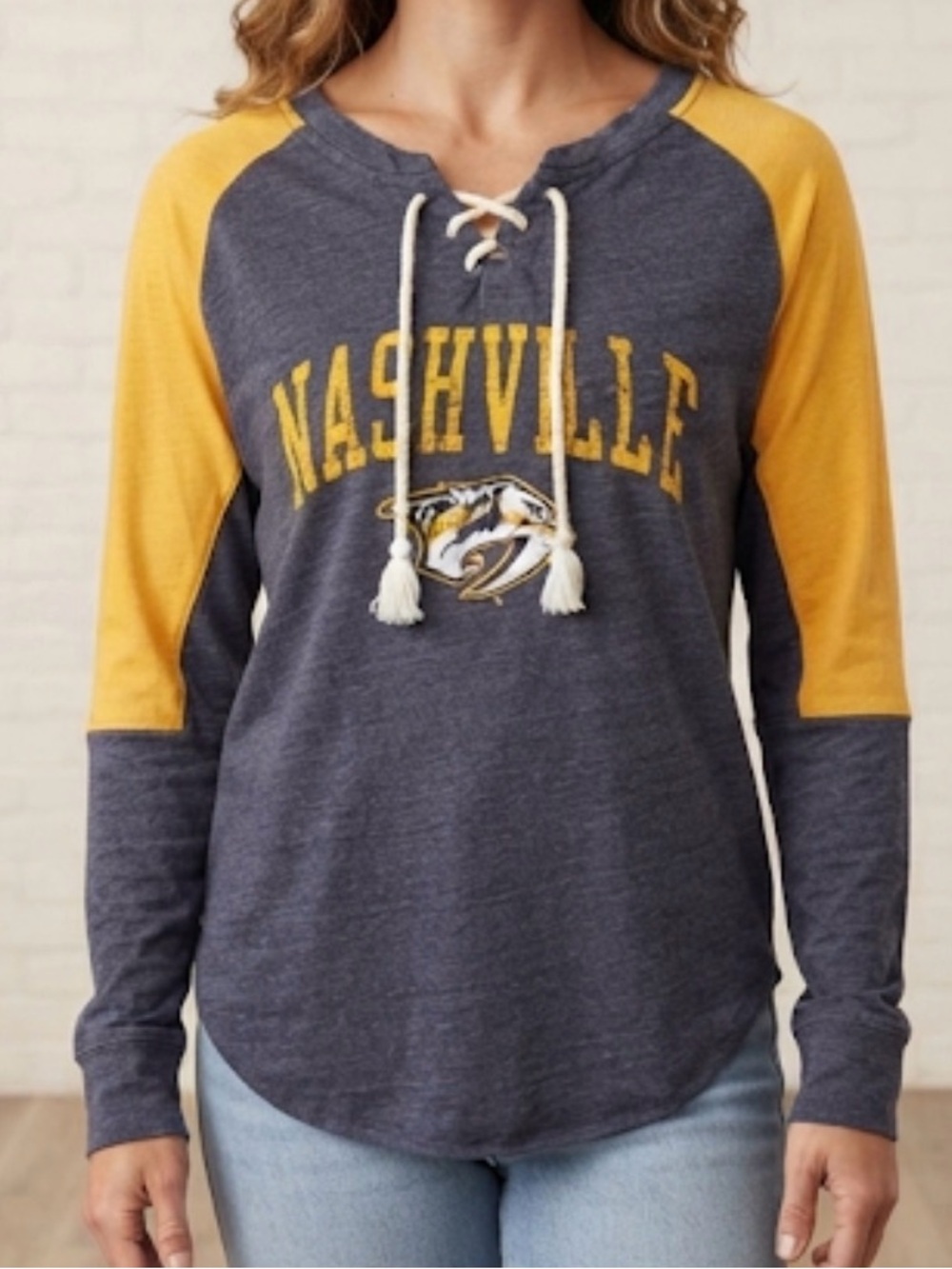 NHL Nashville Lace-Up Crewneck Pullover - Navy & Yellow